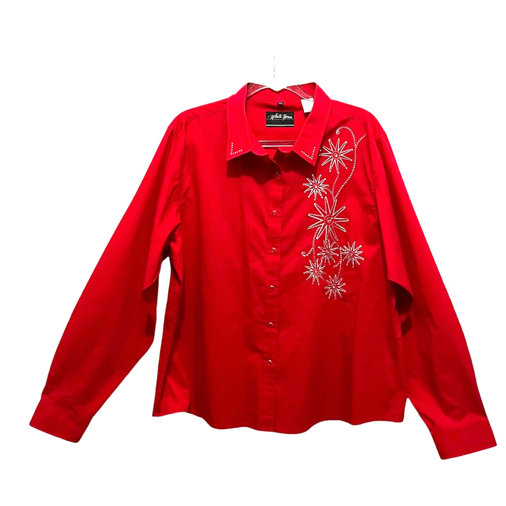 Western Rodeo Shirt White Horse "Rhinestone Rowell" Red Pearl Snap Silver SZ XXL